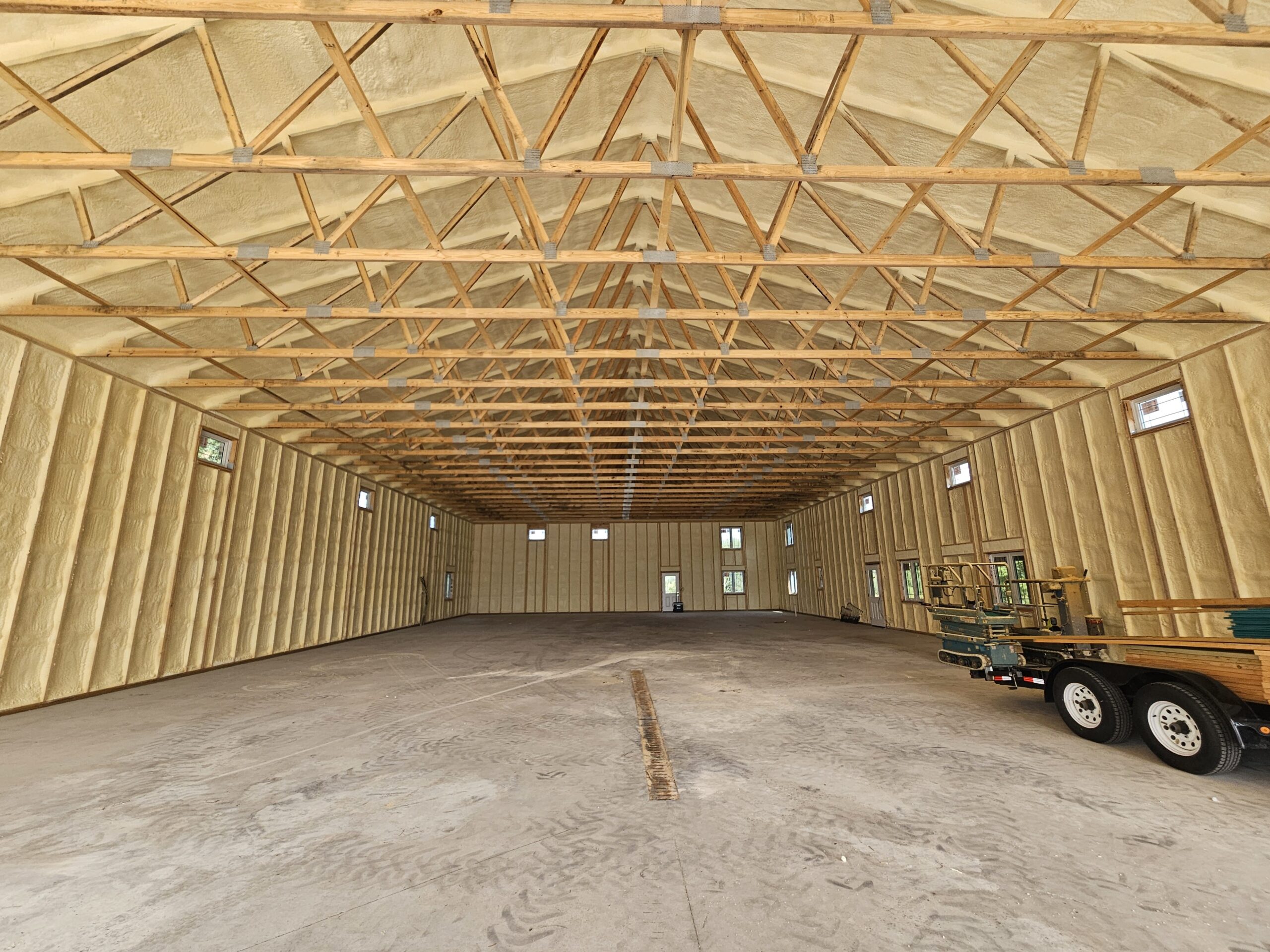 Completed spray foam in Red River Valley agricultural pole barn near Fargo ND